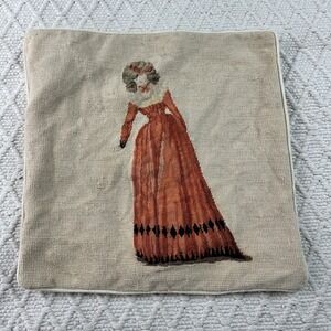 Vintage Needlepoint Pillow Cover Woman in Orange Dress Elegant Historic Style